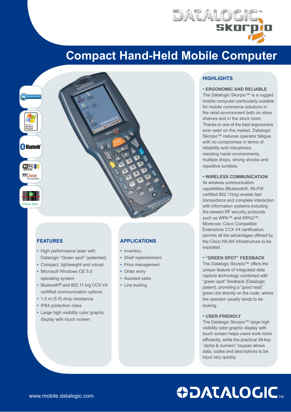 Datalogic Scanning SKORPIO Compact Hand-Held Mobile Computer User Manual | 2 pages