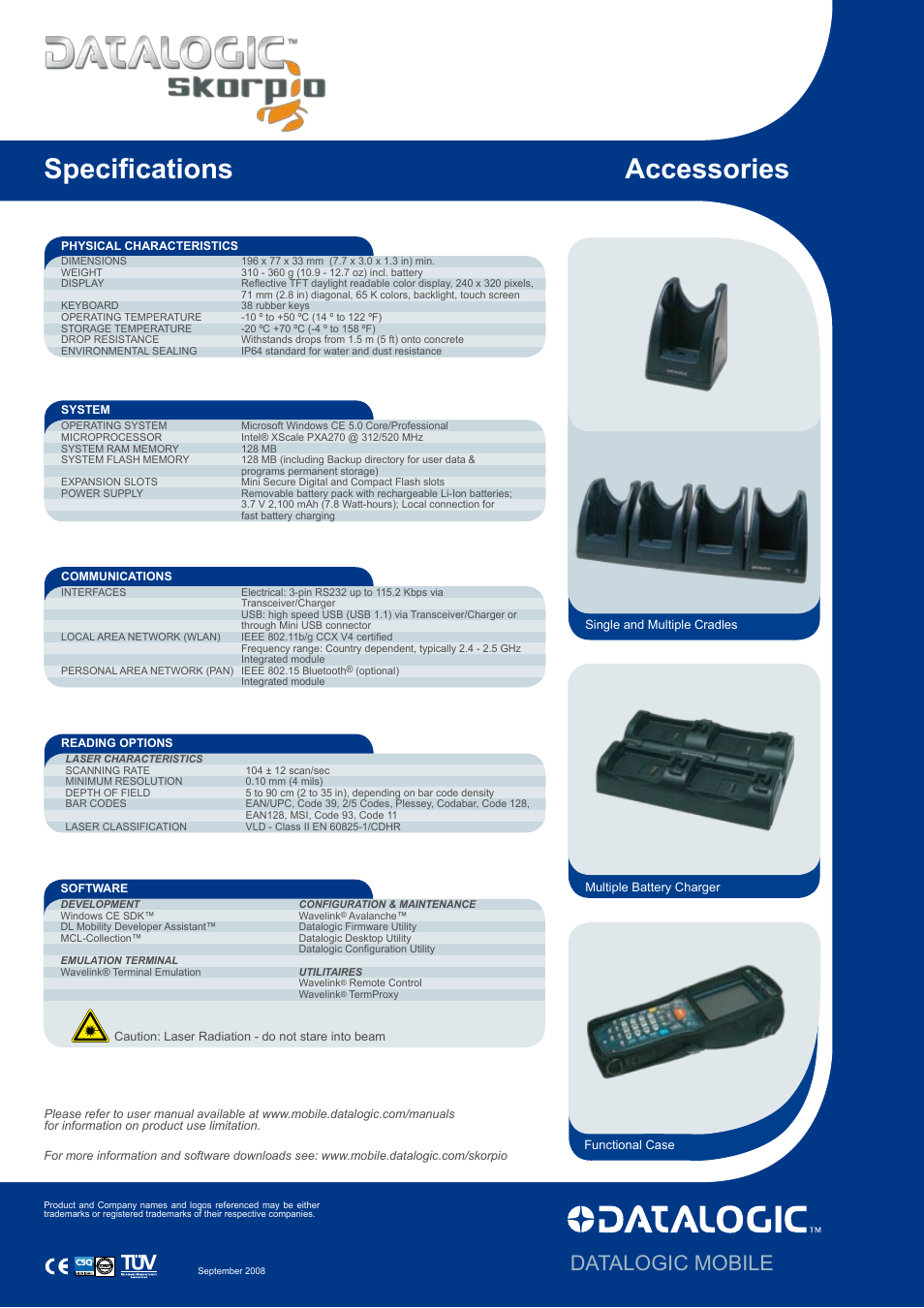 Specifications accessories, Datalogic mobile | Datalogic Scanning SKORPIO Compact Hand-Held Mobile Computer User Manual | Page 2 / 2
