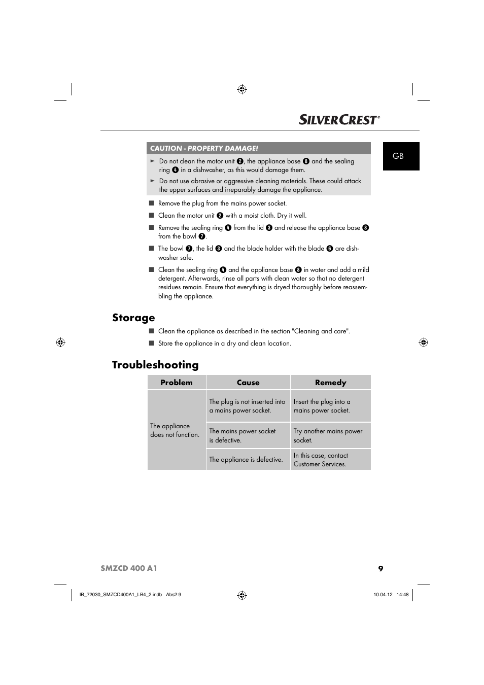Storage, Troubleshooting | Silvercrest SMZCD 400 A1 User Manual | Page 11 / 49
