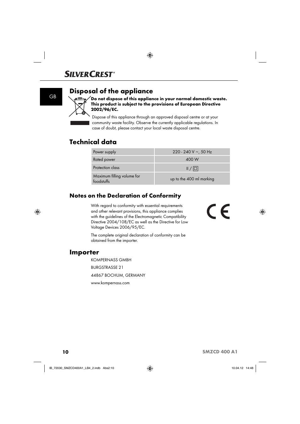 Disposal of the appliance, Technical data, Importer | Silvercrest SMZCD 400 A1 User Manual | Page 12 / 49