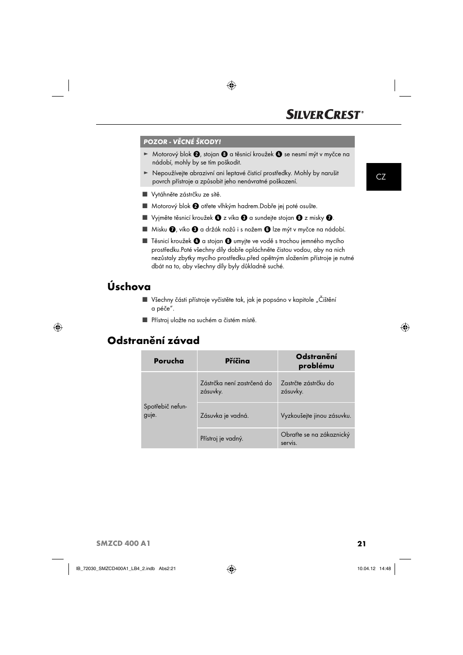 Úschova, Odstranění závad | Silvercrest SMZCD 400 A1 User Manual | Page 23 / 49