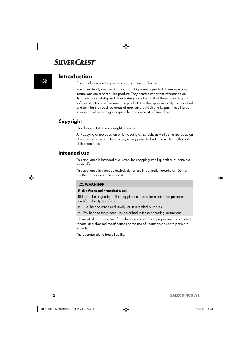 Introduction, Copyright, Intended use | Silvercrest SMZCD 400 A1 User Manual | Page 4 / 49