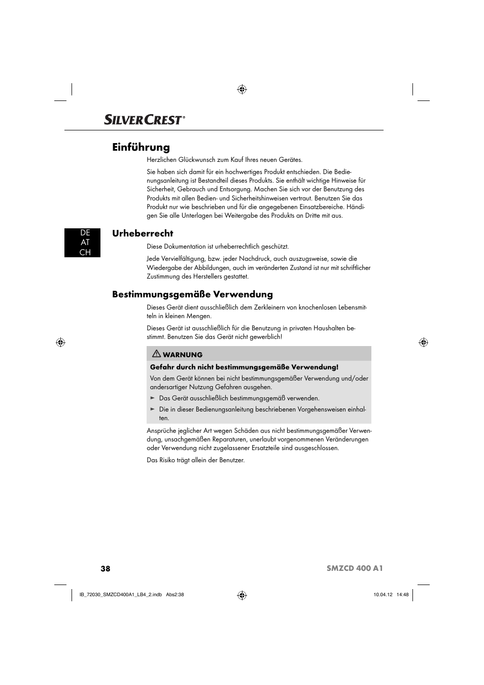 Einführung, Urheberrecht, Bestimmungsgemäße verwendung | De at ch | Silvercrest SMZCD 400 A1 User Manual | Page 40 / 49