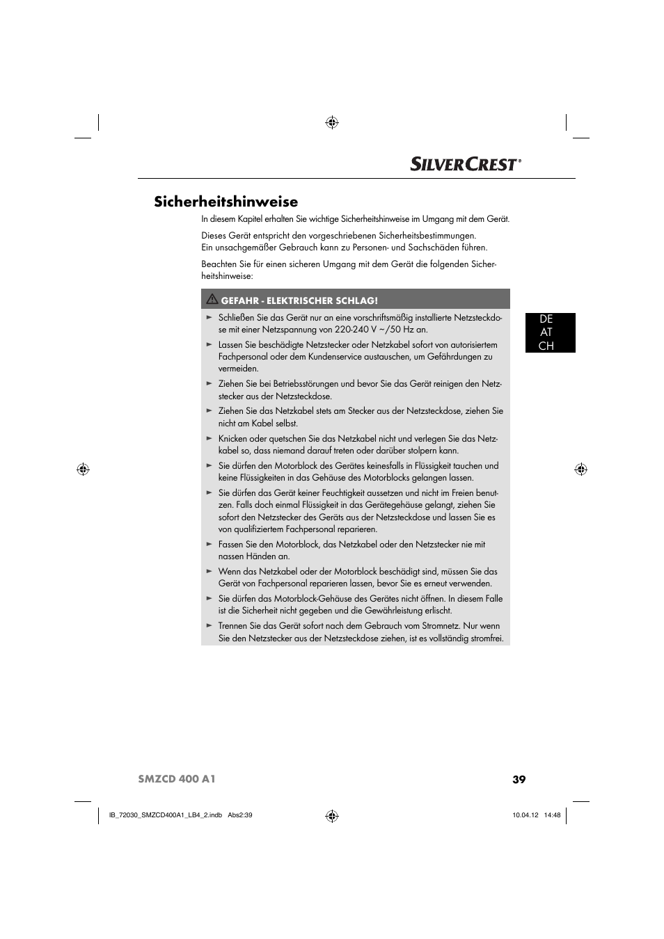 Sicherheitshinweise, De at ch | Silvercrest SMZCD 400 A1 User Manual | Page 41 / 49