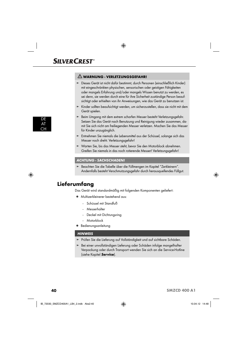 Lieferumfang, De at ch | Silvercrest SMZCD 400 A1 User Manual | Page 42 / 49
