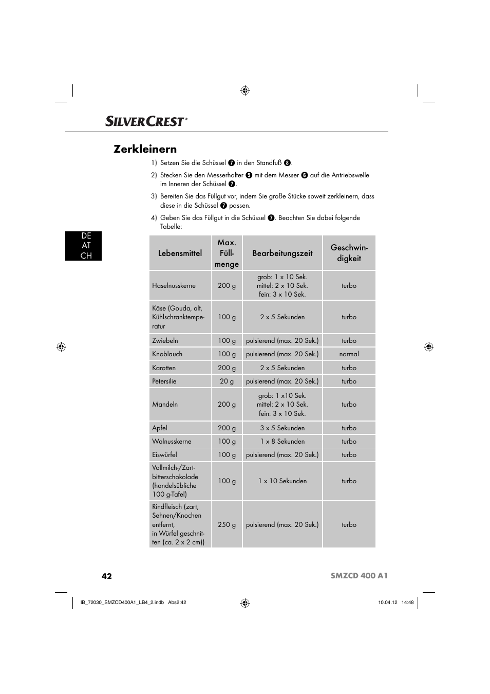 Zerkleinern, De at ch | Silvercrest SMZCD 400 A1 User Manual | Page 44 / 49