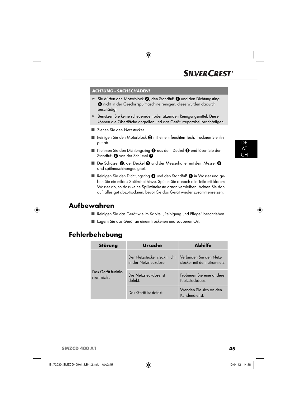 Aufbewahren, Fehlerbehebung, De at ch | Silvercrest SMZCD 400 A1 User Manual | Page 47 / 49