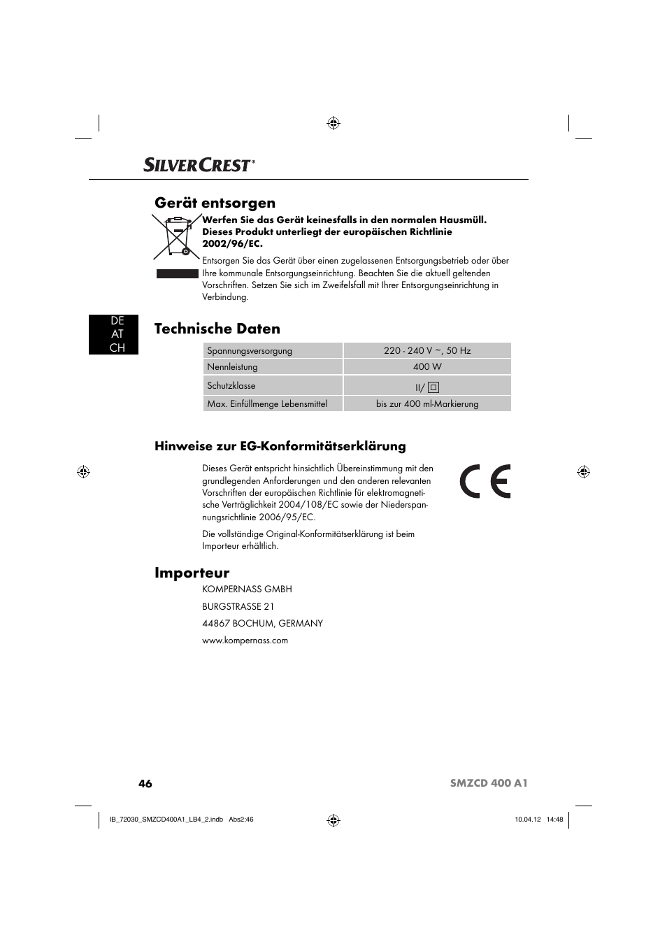 Gerät entsorgen, Technische daten, Importeur | Hinweise zur eg-konformitätserklärung, De at ch | Silvercrest SMZCD 400 A1 User Manual | Page 48 / 49