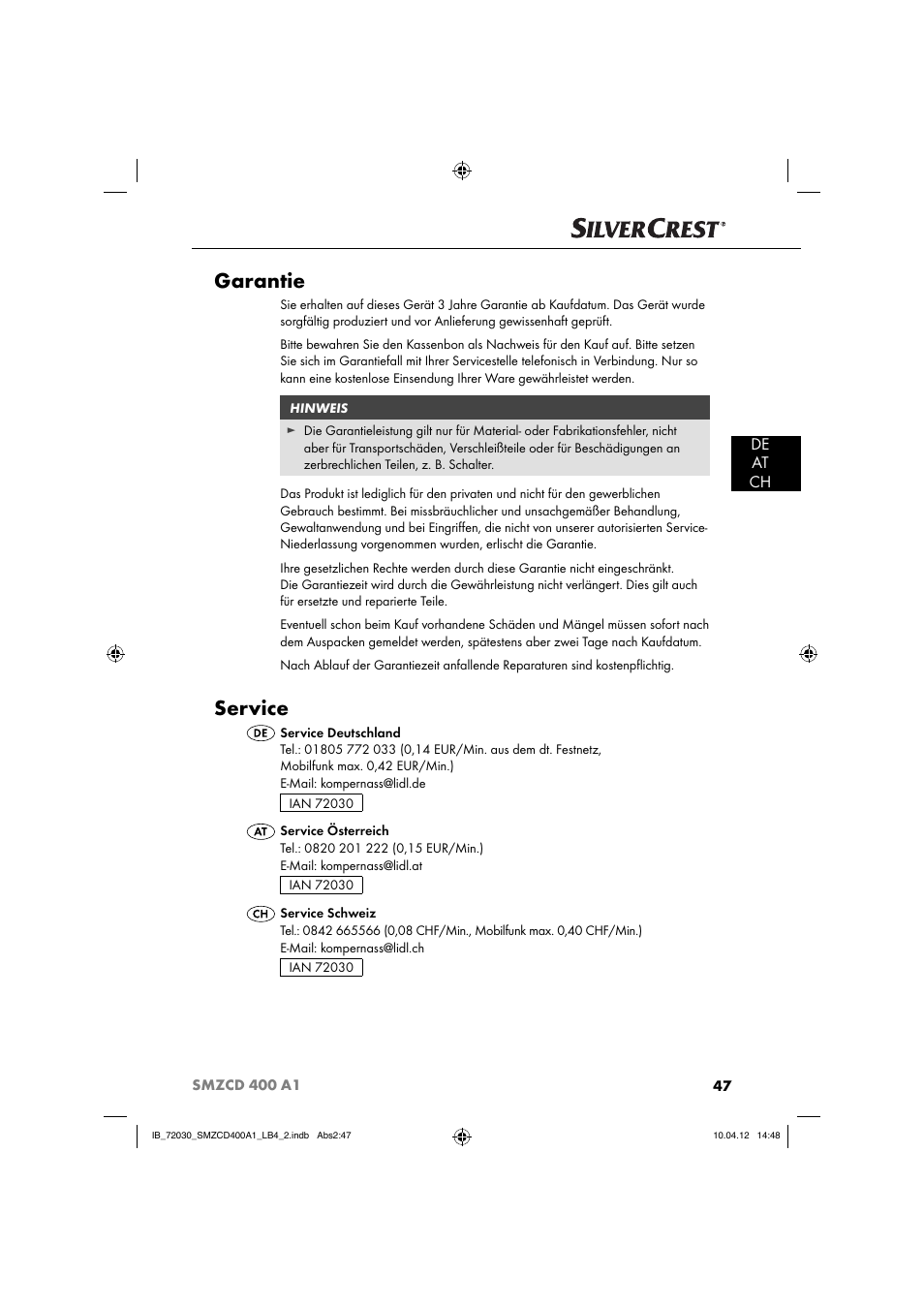 Garantie, Service, De at ch | Silvercrest SMZCD 400 A1 User Manual | Page 49 / 49