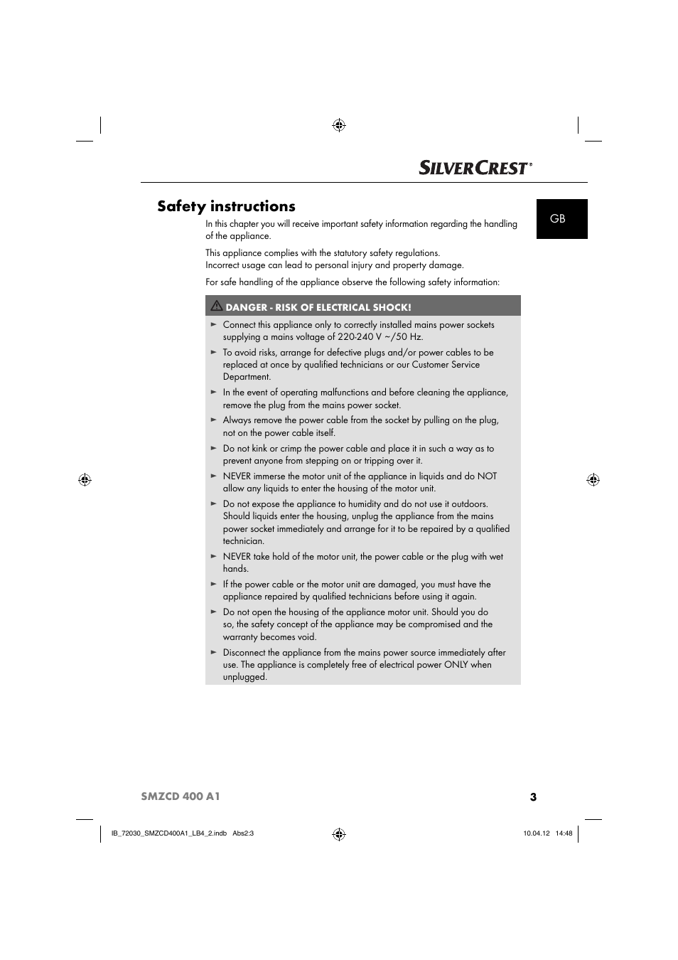 Safety instructions | Silvercrest SMZCD 400 A1 User Manual | Page 5 / 49