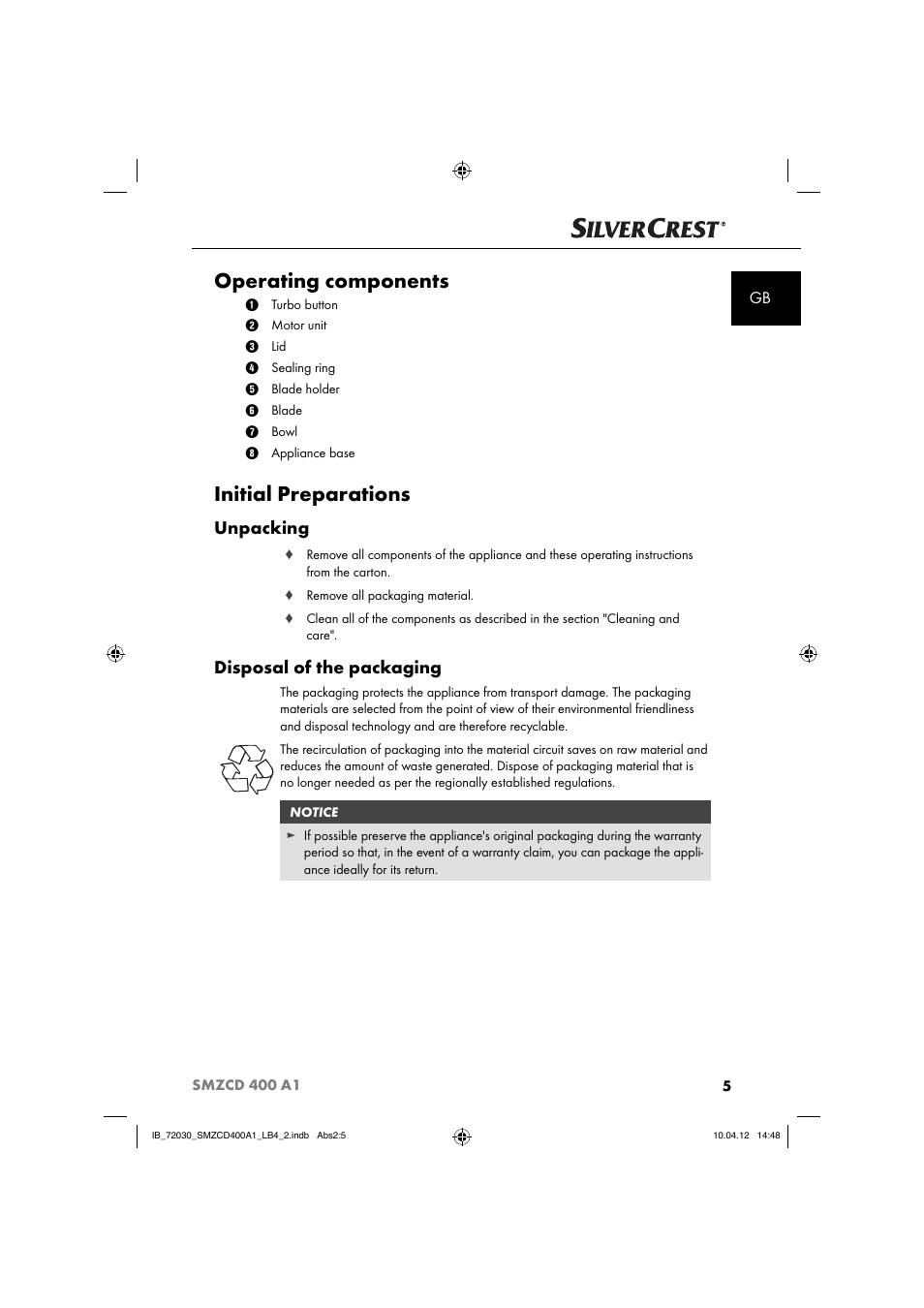 Operating components, Initial preparations, Unpacking | Disposal of the packaging | Silvercrest SMZCD 400 A1 User Manual | Page 7 / 49