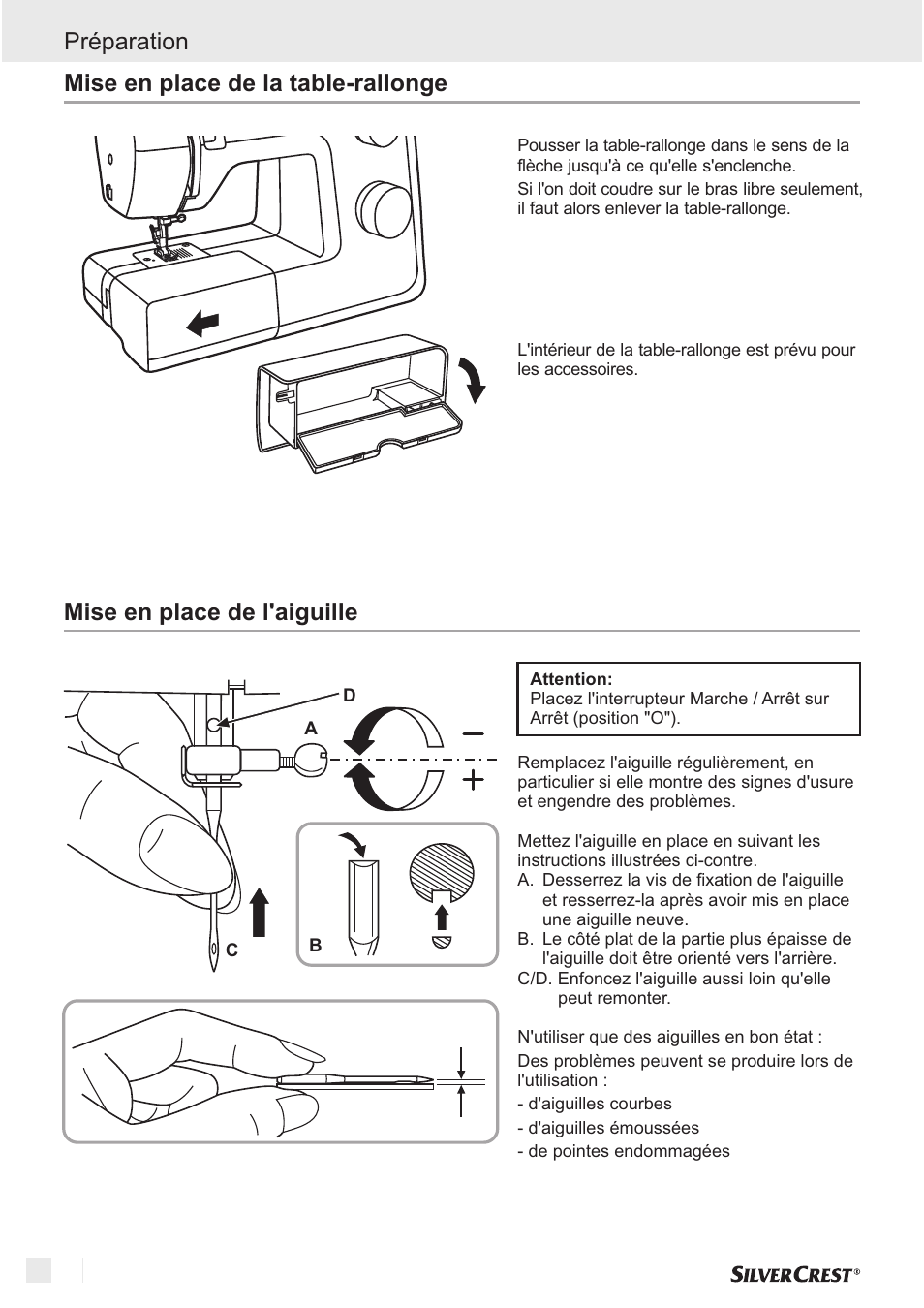 Mise en place de l'aiguille préparation, Mise en place de la table-rallonge | Silvercrest SNM 33 B1 User Manual | Page 10 / 94
