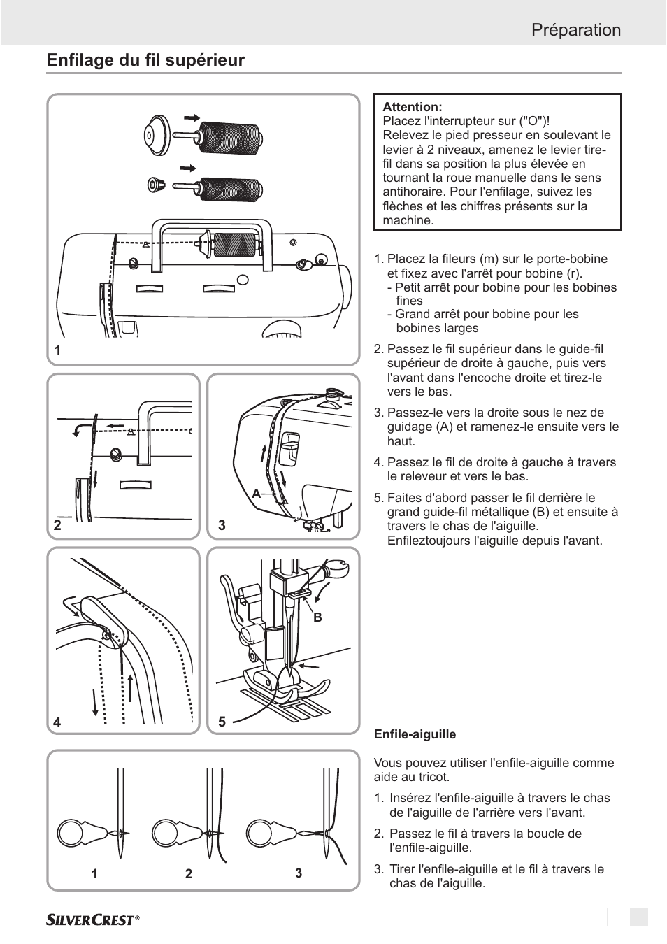 Enfilage du fil supérieur préparation | Silvercrest SNM 33 B1 User Manual | Page 13 / 94