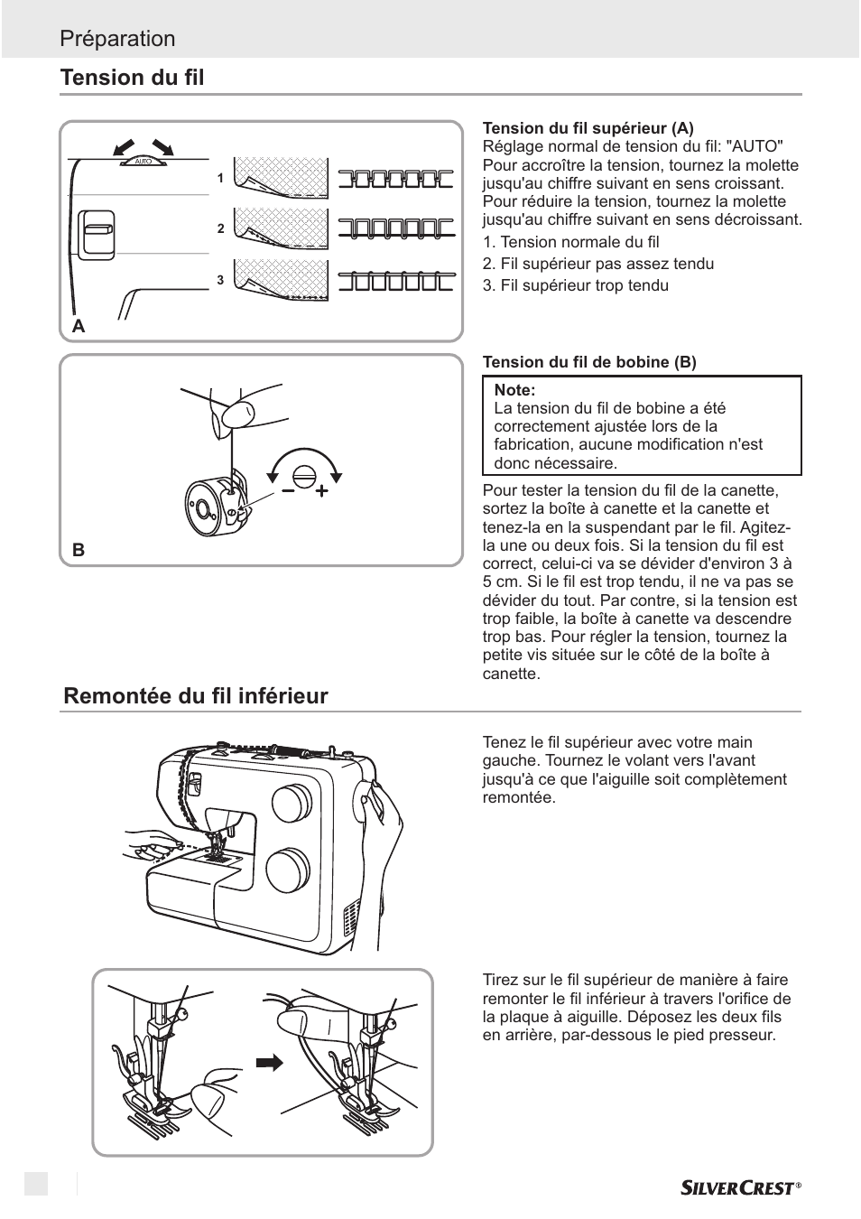 Préparation, Tension du fil remontée du fil inférieur | Silvercrest SNM 33 B1 User Manual | Page 14 / 94