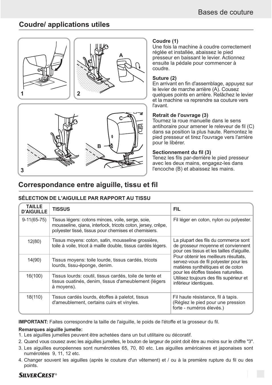 Correspondance entre aiguille, tissu et fil, Bases de couture coudre/ applications utiles | Silvercrest SNM 33 B1 User Manual | Page 15 / 94