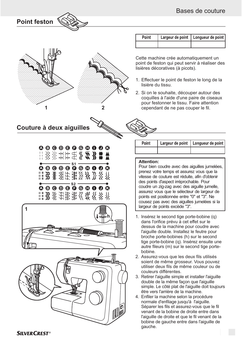 Point feston bases de couture, Couture à deux aiguilles | Silvercrest SNM 33 B1 User Manual | Page 23 / 94