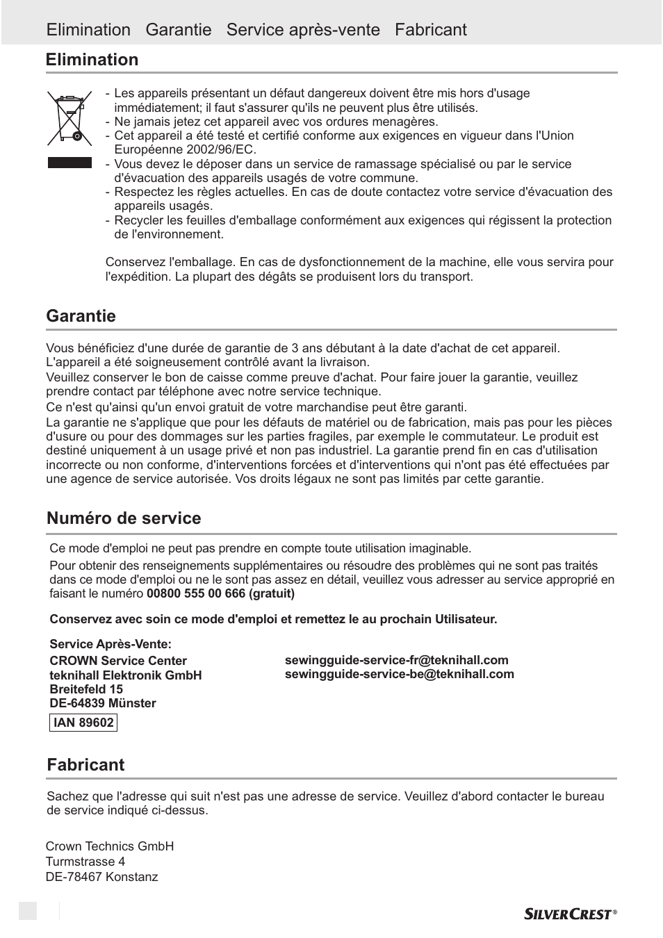Garantie, Numéro de service | Silvercrest SNM 33 B1 User Manual | Page 26 / 94