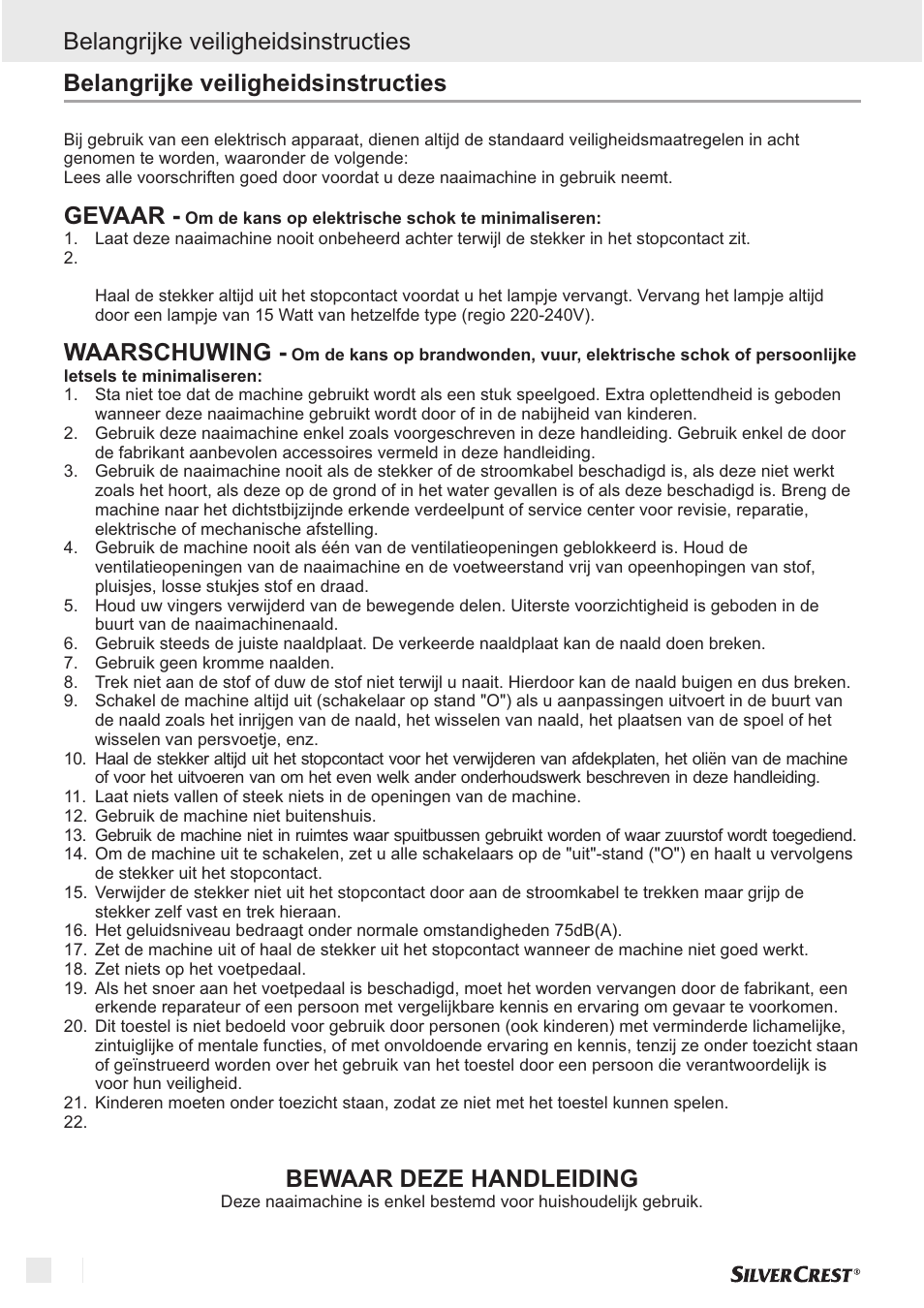Belangrijke veiligheidsinstructies, Gevaar - waarschuwing - bewaar deze handleiding | Silvercrest SNM 33 B1 User Manual | Page 30 / 94