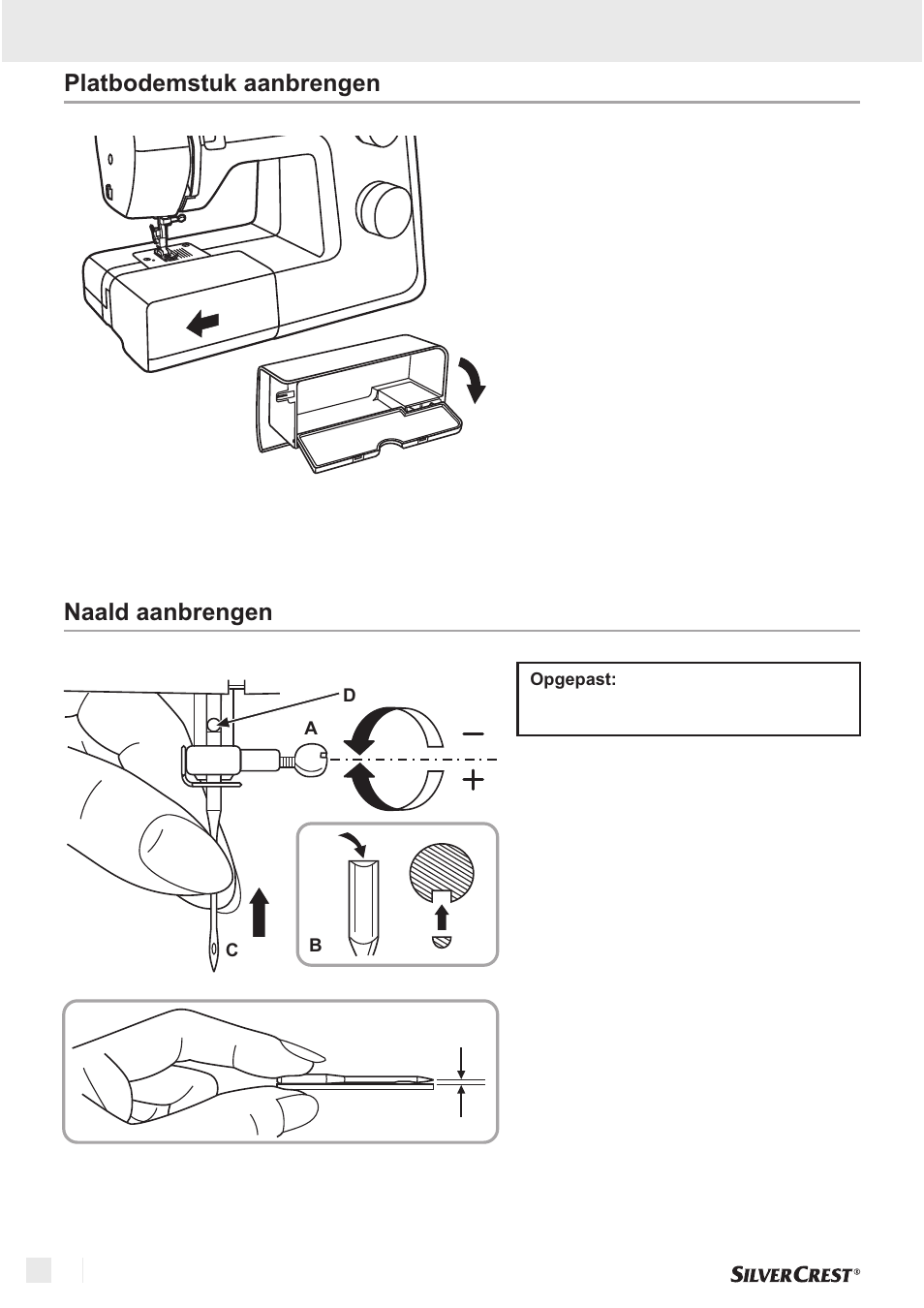 Voorbereiding, Platbodemstuk aanbrengen naald aanbrengen | Silvercrest SNM 33 B1 User Manual | Page 32 / 94