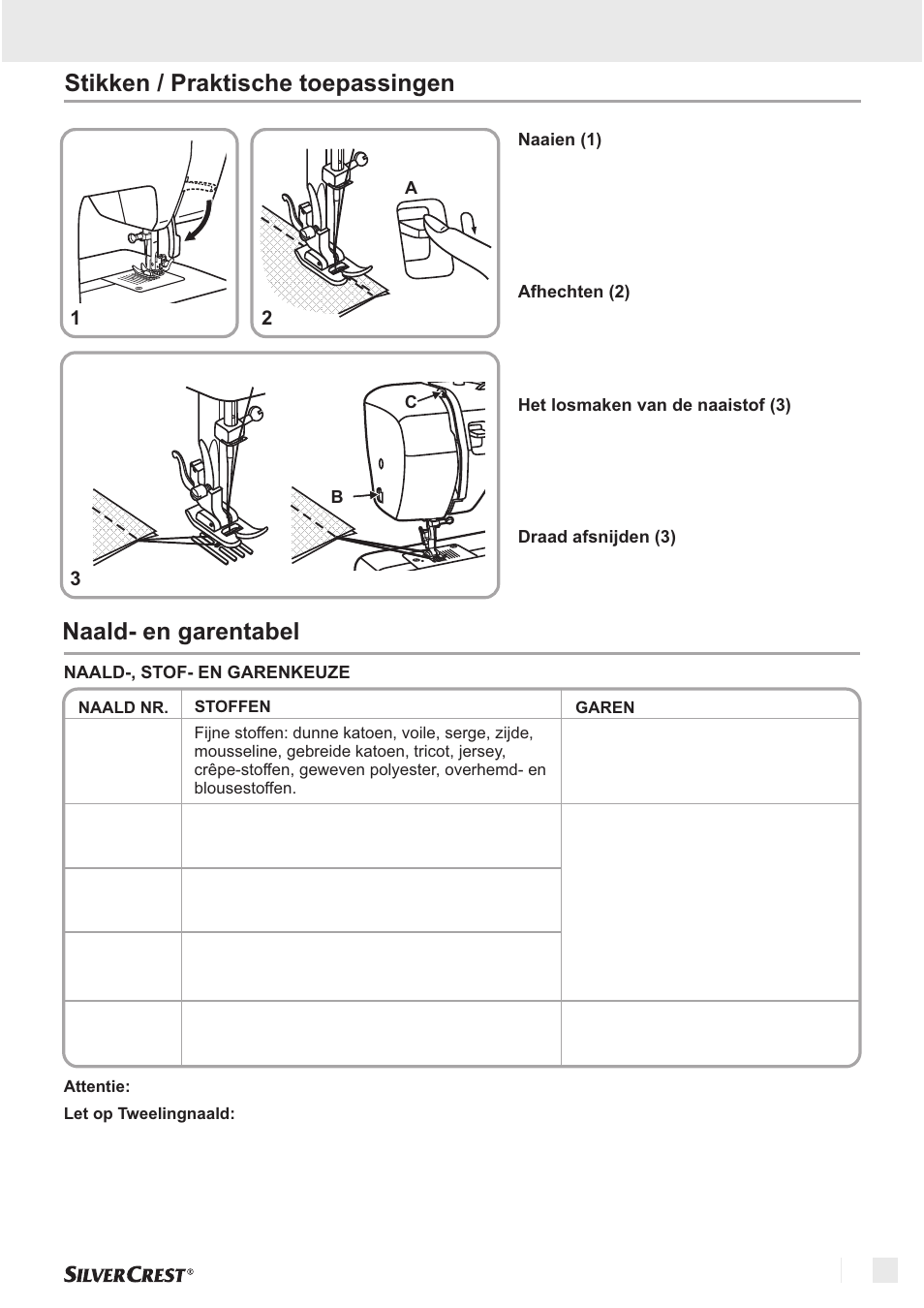 Standaard naaien, Naald- en garentabel, Stikken / praktische toepassingen | Silvercrest SNM 33 B1 User Manual | Page 37 / 94