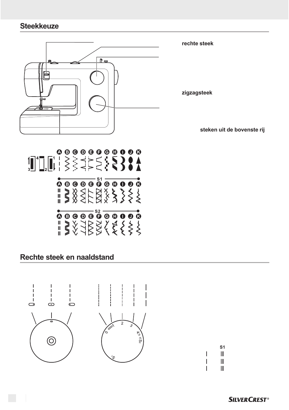 Standaard naaien, Steekkeuze rechte steek en naaldstand | Silvercrest SNM 33 B1 User Manual | Page 38 / 94