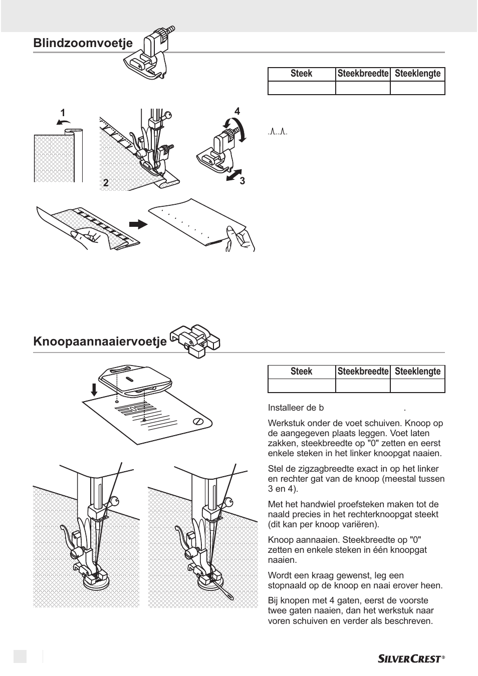 Standaard naaien blindzoomvoetje, Knoopaannaaiervoetje | Silvercrest SNM 33 B1 User Manual | Page 40 / 94