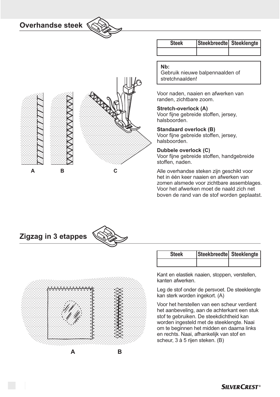 Overhandse steek standaard naaien, Zigzag in 3 etappes | Silvercrest SNM 33 B1 User Manual | Page 42 / 94