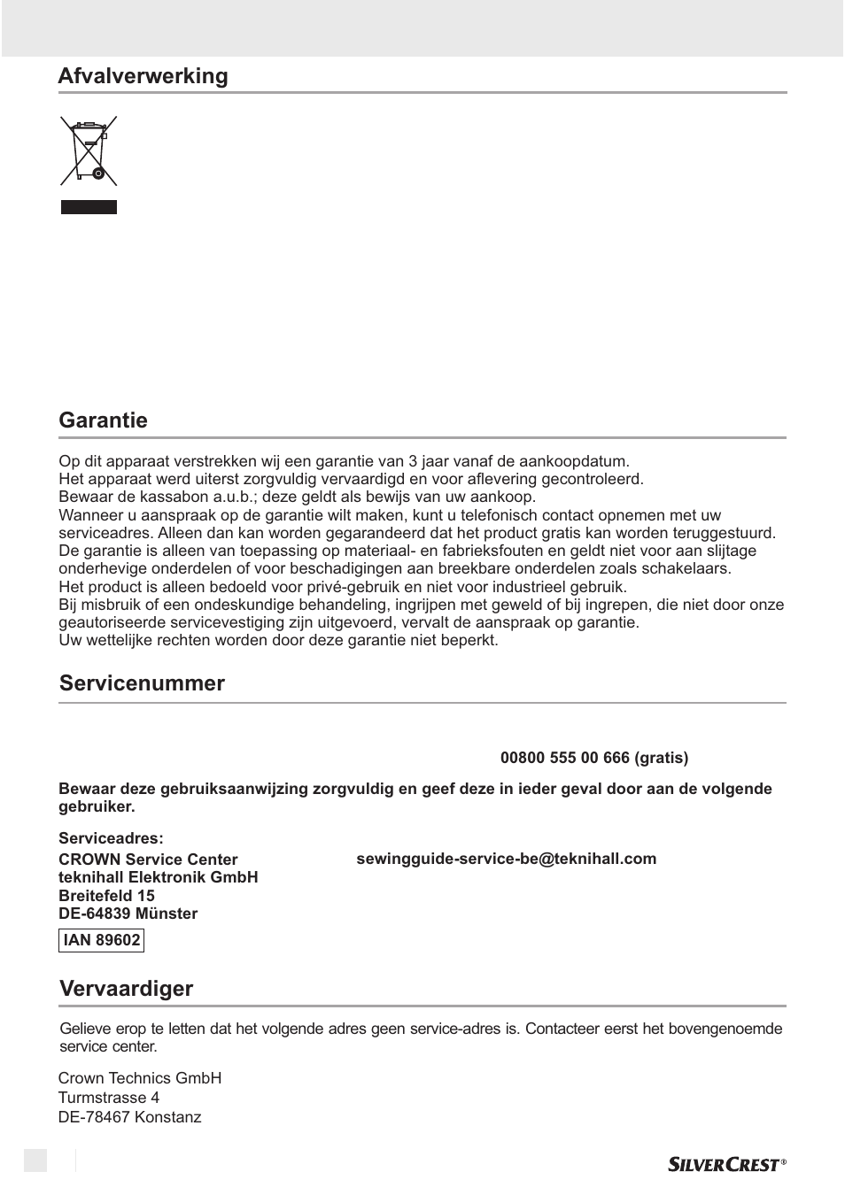Afvalverwerking garantie, Servicenummer | Silvercrest SNM 33 B1 User Manual | Page 48 / 94