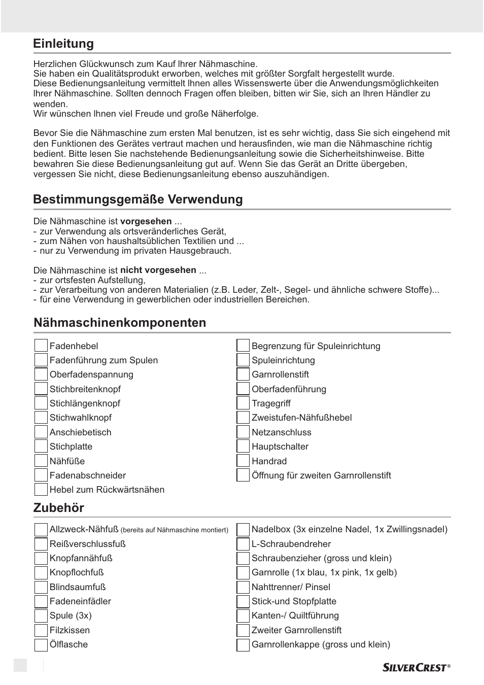 Einleitung, Bestimmungsgemäße verwendung einleitung, Nähmaschinenkomponenten | Zubehör | Silvercrest SNM 33 B1 User Manual | Page 50 / 94