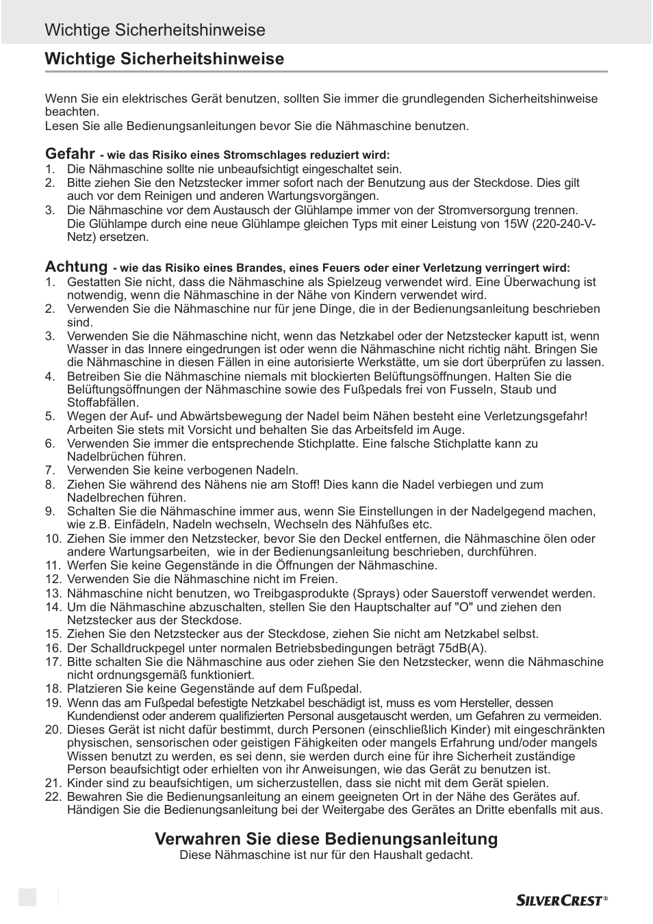 Verwahren sie diese bedienungsanleitung, Wichtige sicherheitshinweise, Gefahr achtung | Silvercrest SNM 33 B1 User Manual | Page 52 / 94