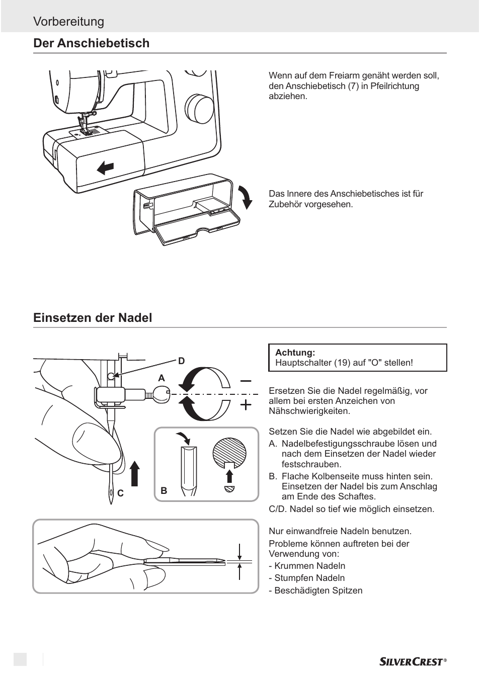 Vorbereitung, Einsetzen der nadel, Der anschiebetisch | Silvercrest SNM 33 B1 User Manual | Page 54 / 94