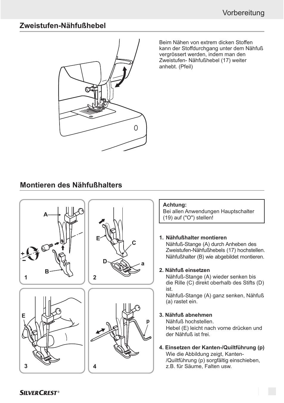 Vorbereitung, Montieren des nähfußhalters zweistufen-nähfußhebel | Silvercrest SNM 33 B1 User Manual | Page 55 / 94