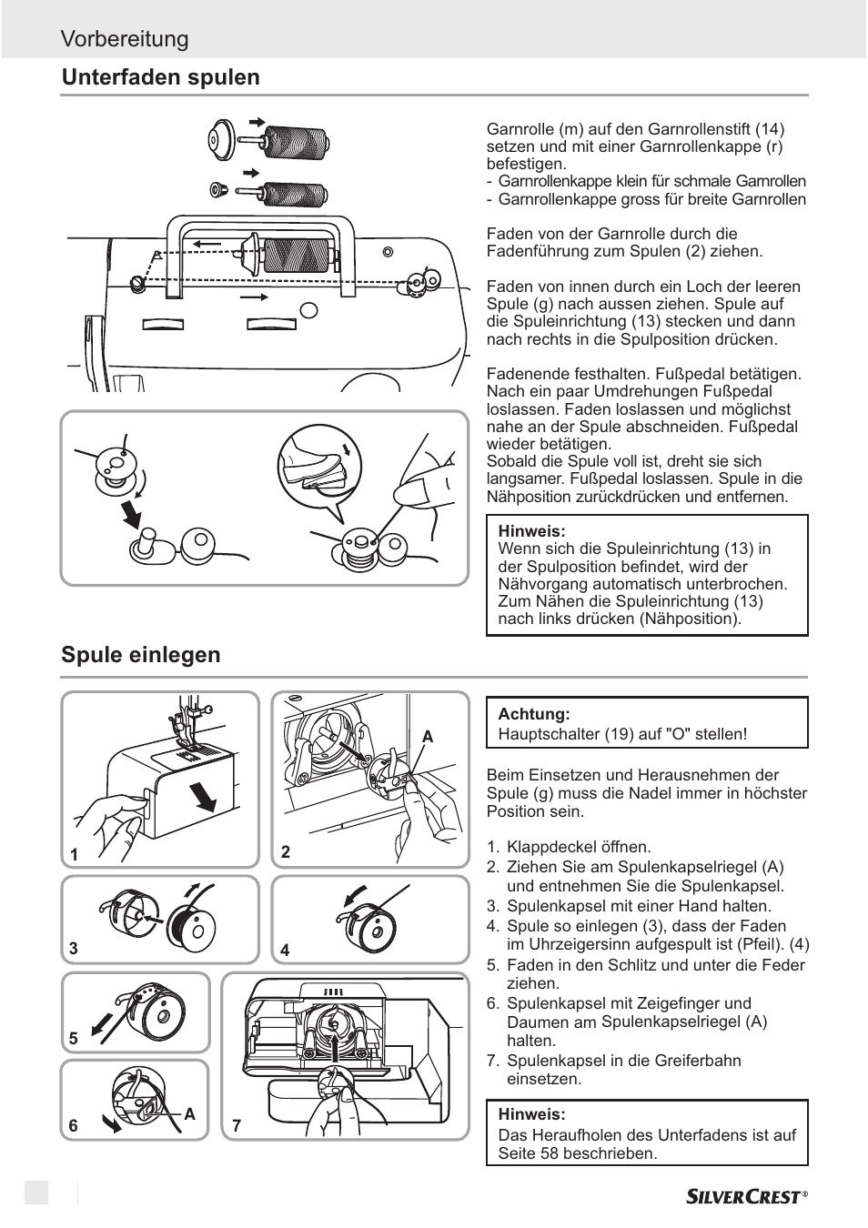 Vorbereitung unterfaden spulen, Spule einlegen | Silvercrest SNM 33 B1 User Manual | Page 56 / 94