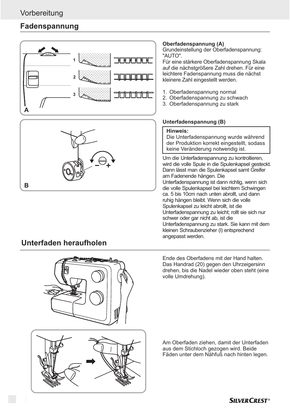 Vorbereitung fadenspannung, Unterfaden heraufholen | Silvercrest SNM 33 B1 User Manual | Page 58 / 94
