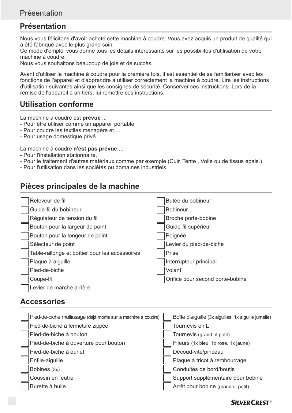 Présentation utilisation conforme, Présentation, Pièces principales de la machine accessories | Silvercrest SNM 33 B1 User Manual | Page 6 / 94