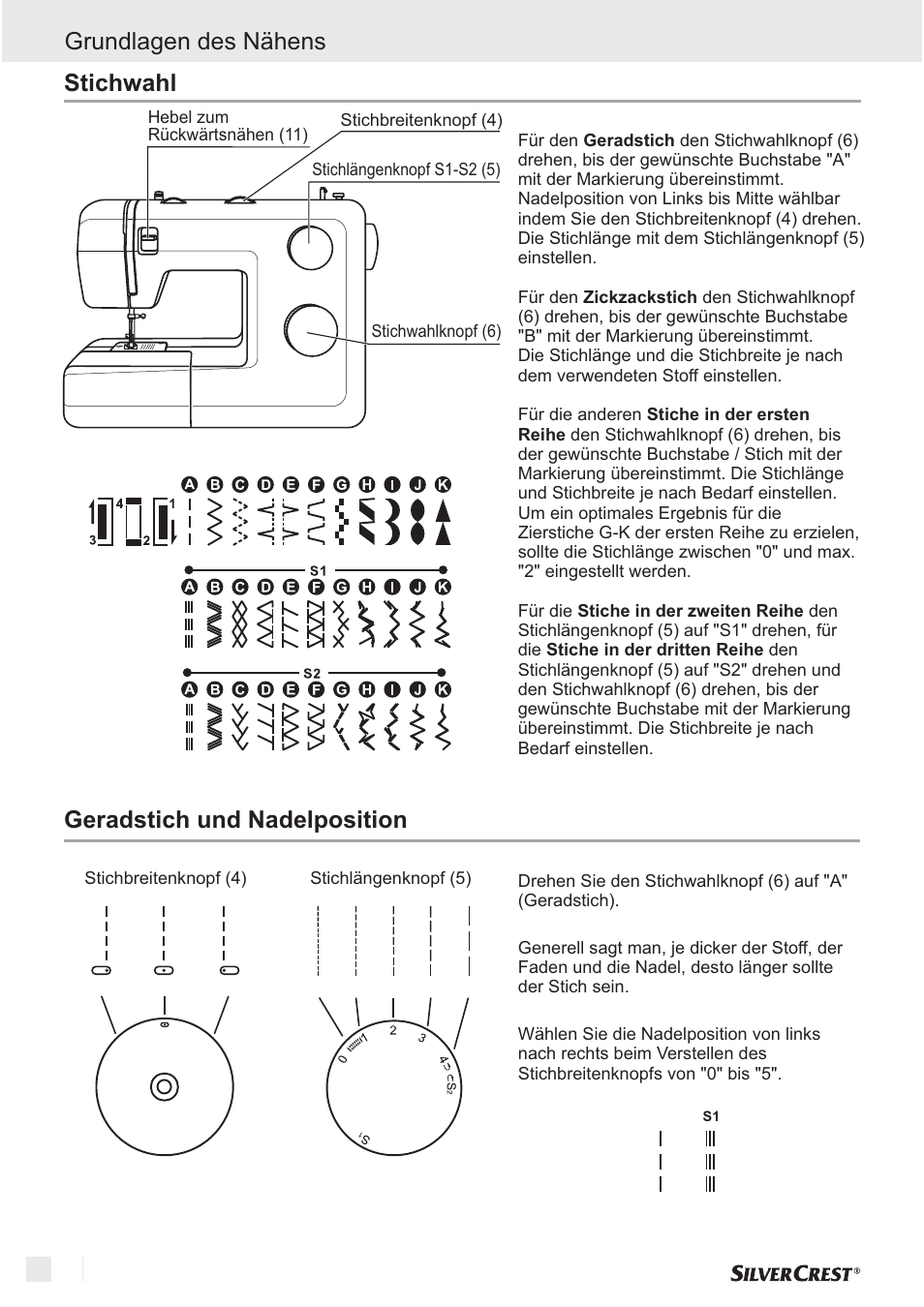 Grundlagen des nähens, Geradstich und nadelposition, Stichwahl | Silvercrest SNM 33 B1 User Manual | Page 60 / 94