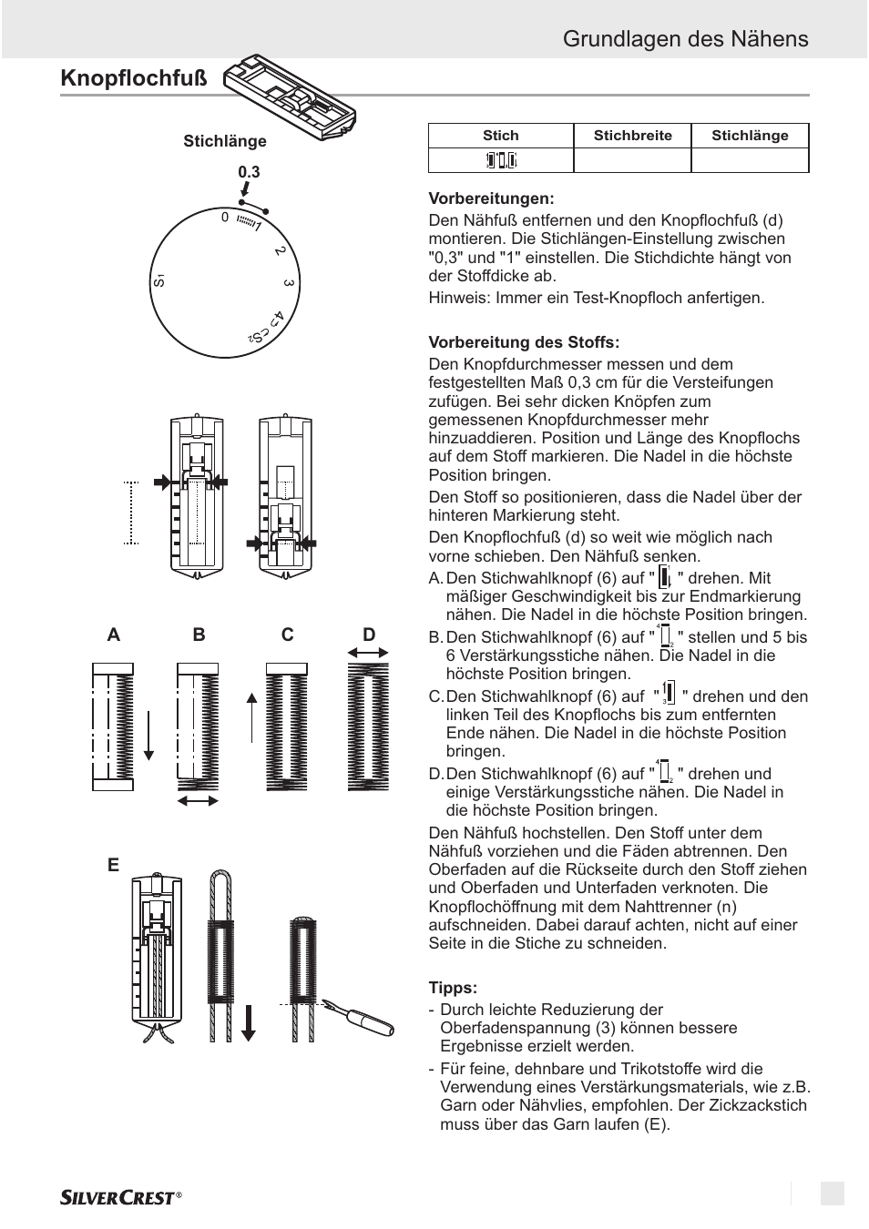 Grundlagen des nähens knopflochfuß | Silvercrest SNM 33 B1 User Manual | Page 63 / 94