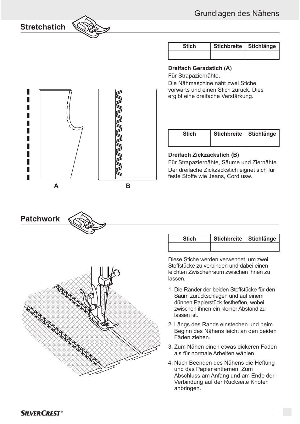 Grundlagen des nähens, Patchwork, Stretchstich | Silvercrest SNM 33 B1 User Manual | Page 65 / 94