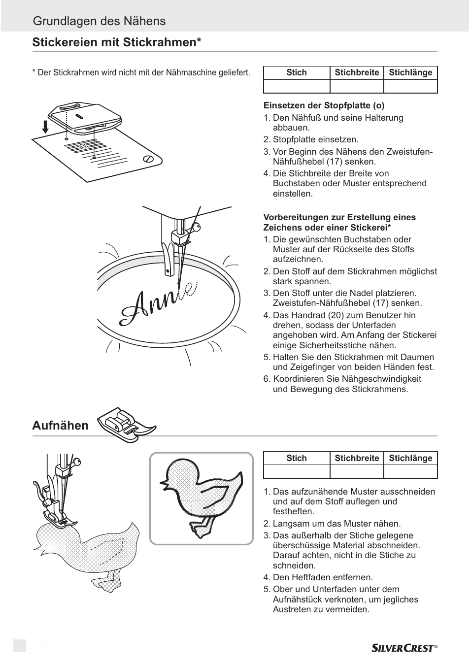 Grundlagen des nähens, Aufnähen, Stickereien mit stickrahmen | Silvercrest SNM 33 B1 User Manual | Page 66 / 94