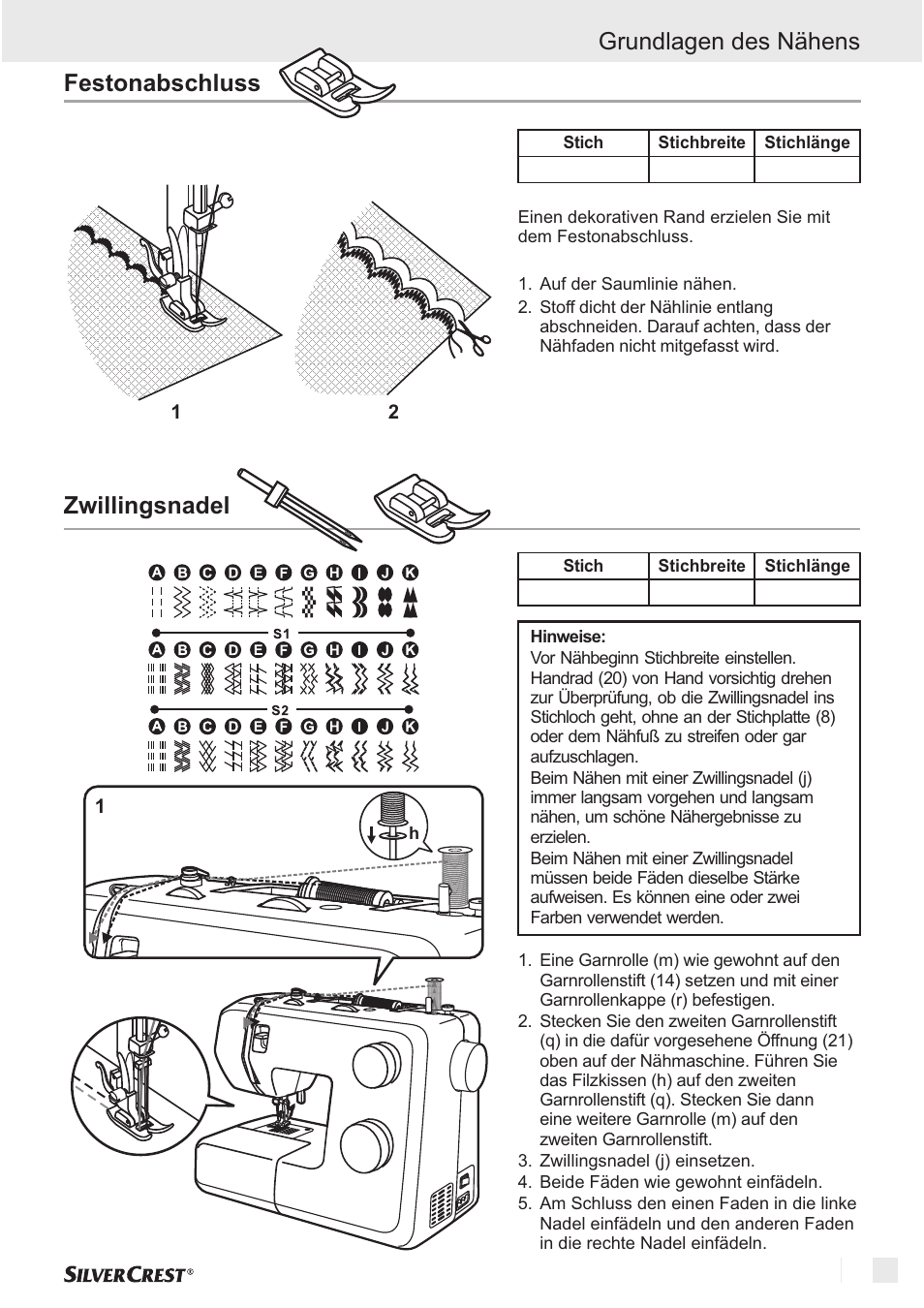 Grundlagen des nähens festonabschluss, Zwillingsnadel | Silvercrest SNM 33 B1 User Manual | Page 67 / 94
