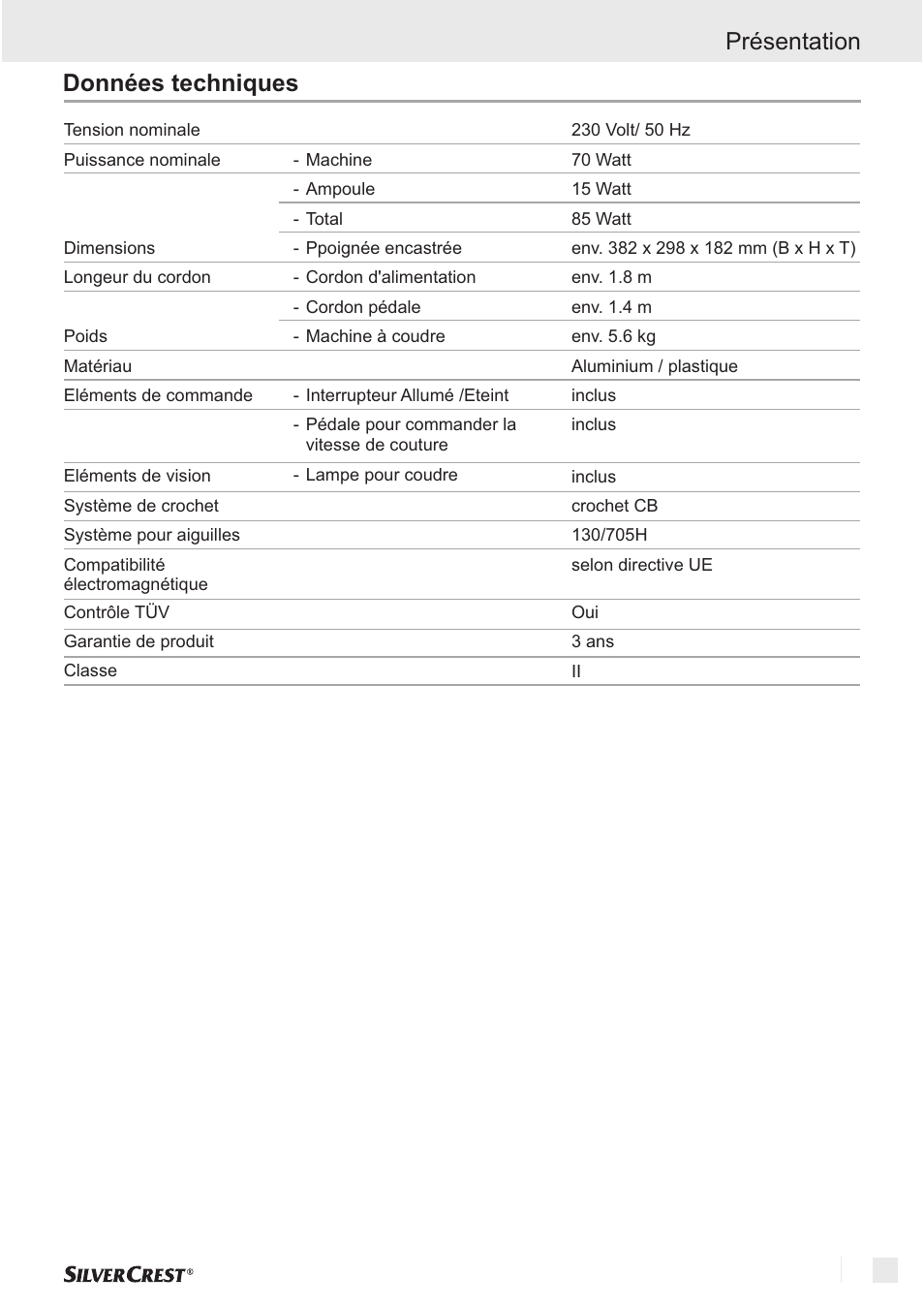 Présentation, Données techniques | Silvercrest SNM 33 B1 User Manual | Page 7 / 94