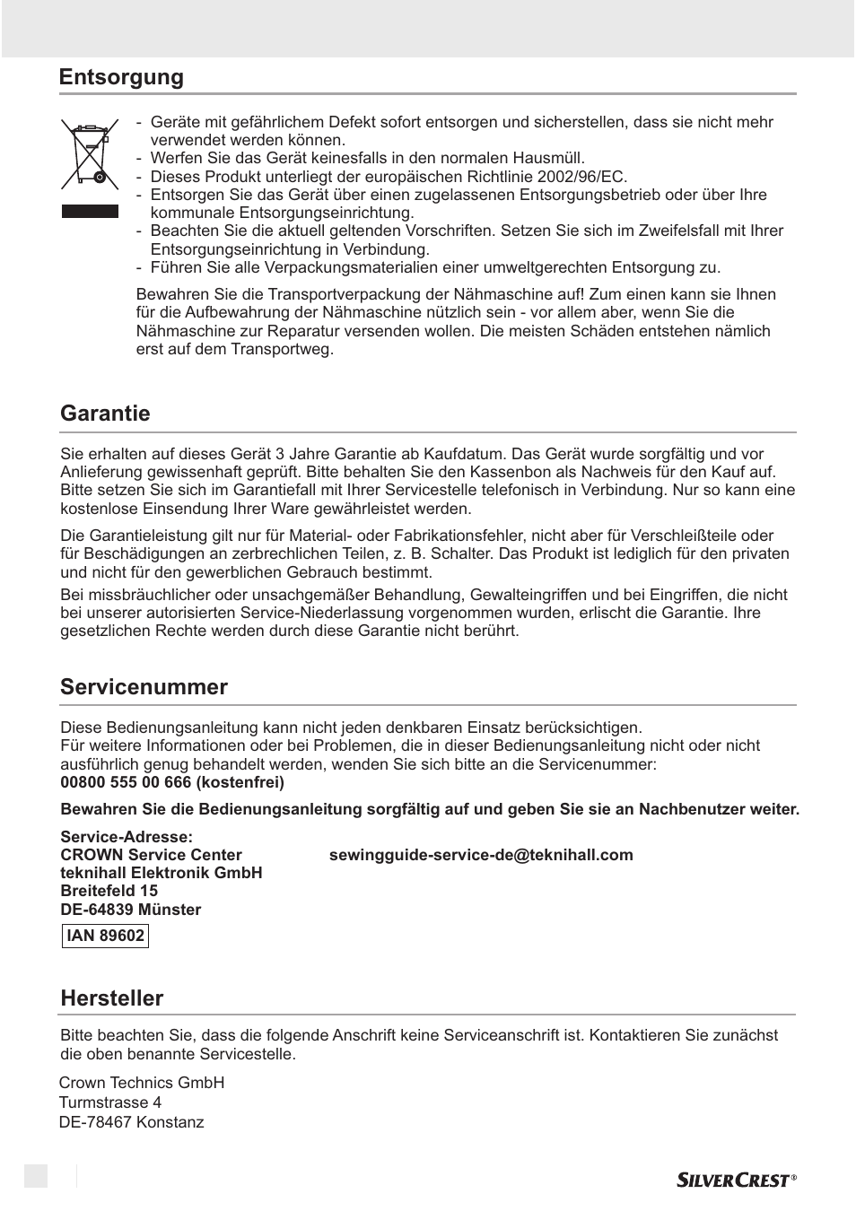 Entsorgung garantie / / service / hersteller, Servicenummer, Entsorgung hersteller garantie | Silvercrest SNM 33 B1 User Manual | Page 70 / 94