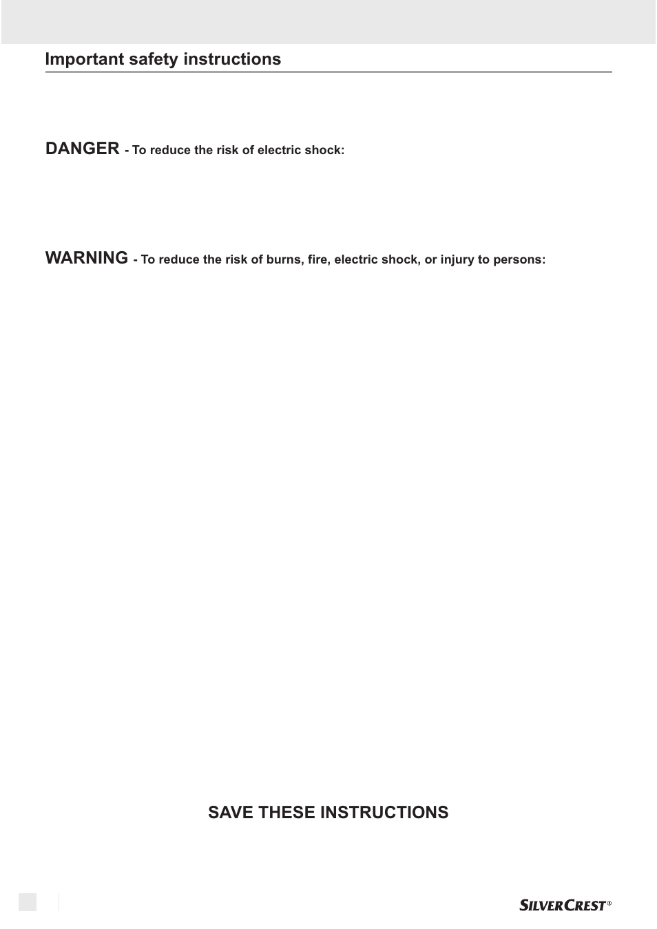 Important safety instructions, Danger save these instructions, Warning | Silvercrest SNM 33 B1 User Manual | Page 74 / 94