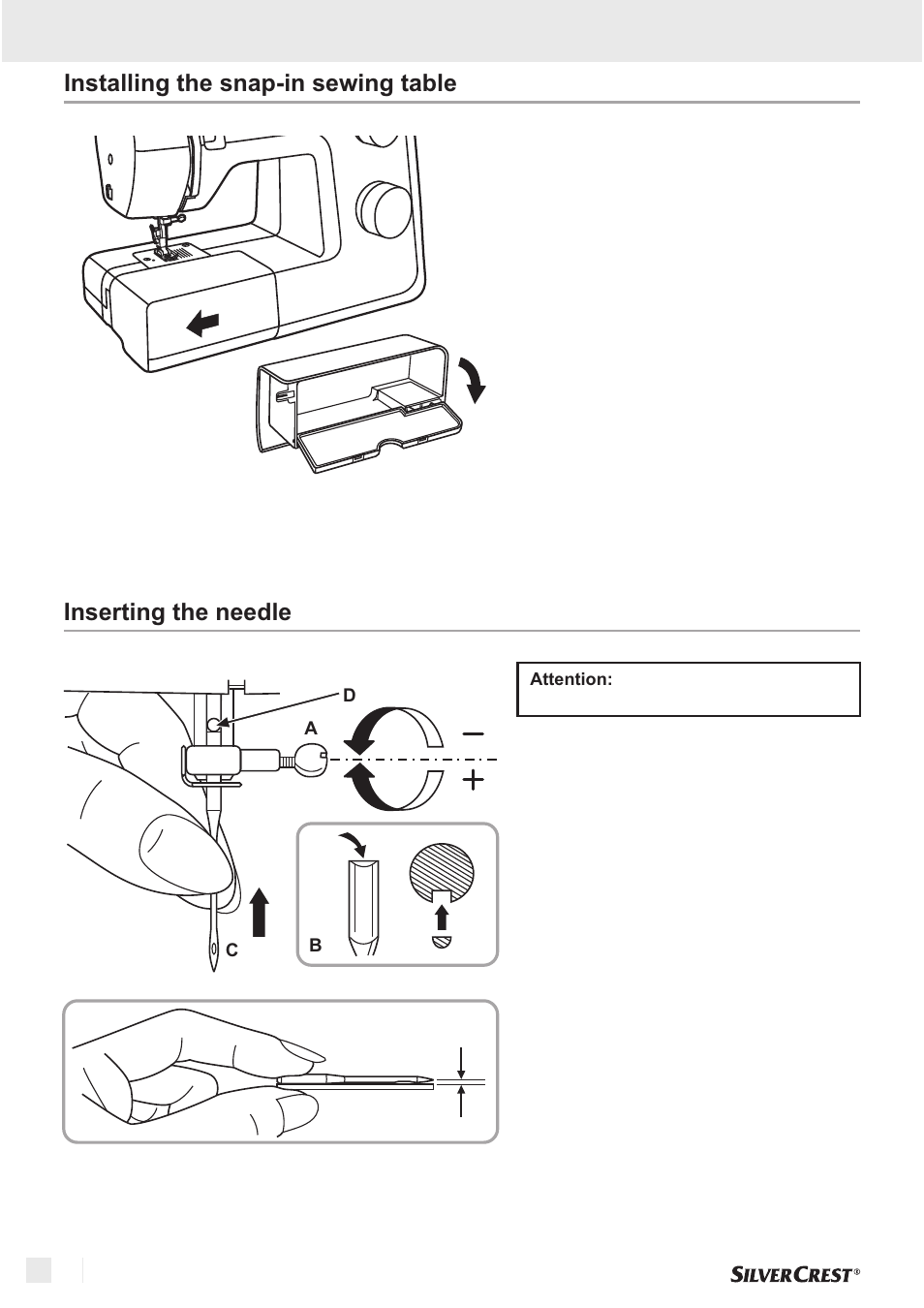 Getting ready inserting the needle, Installing the snap-in sewing table | Silvercrest SNM 33 B1 User Manual | Page 76 / 94