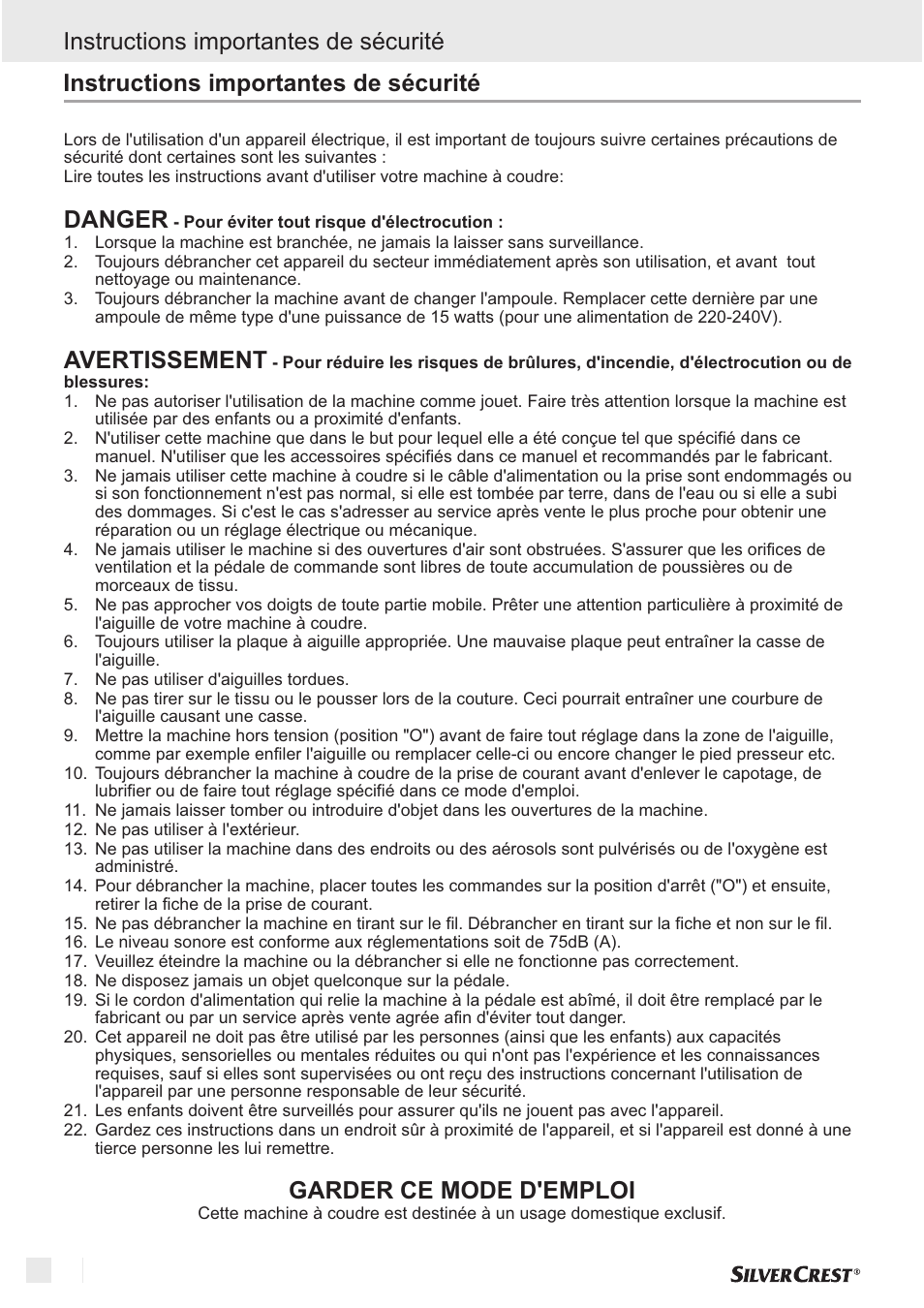 Instructions importantes de sécurité, Danger avertissement garder ce mode d'emploi | Silvercrest SNM 33 B1 User Manual | Page 8 / 94