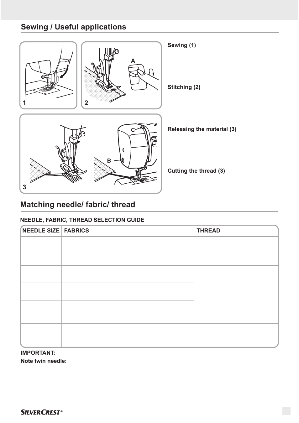 Sewing / useful applications, Matching needle/ fabric/ thread, Sewing basics | Silvercrest SNM 33 B1 User Manual | Page 81 / 94