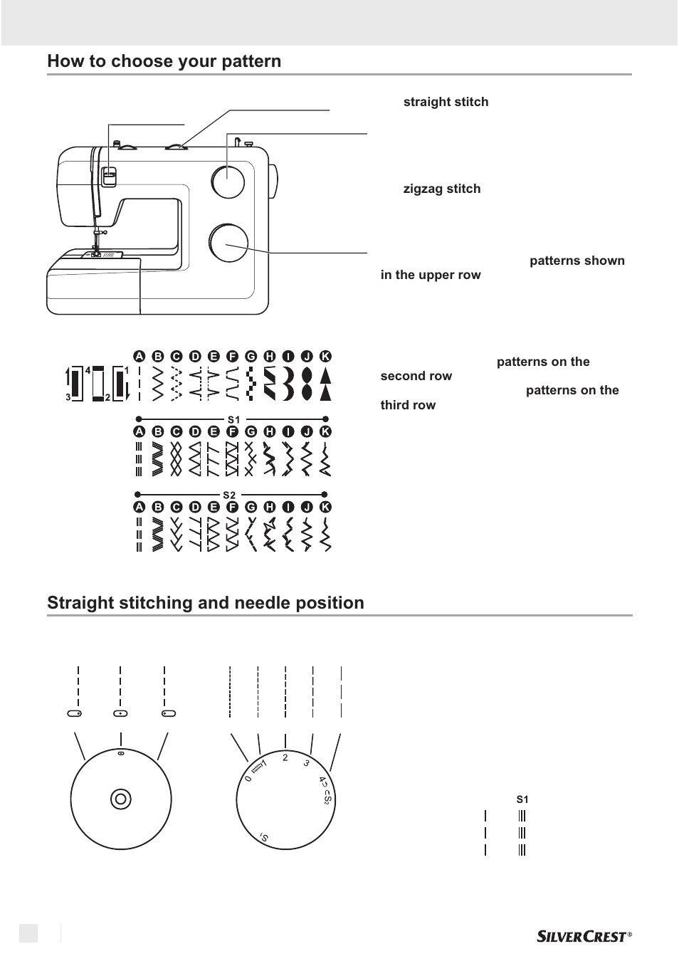 Sewing basics how to choose your pattern, Straight stitching and needle position | Silvercrest SNM 33 B1 User Manual | Page 82 / 94
