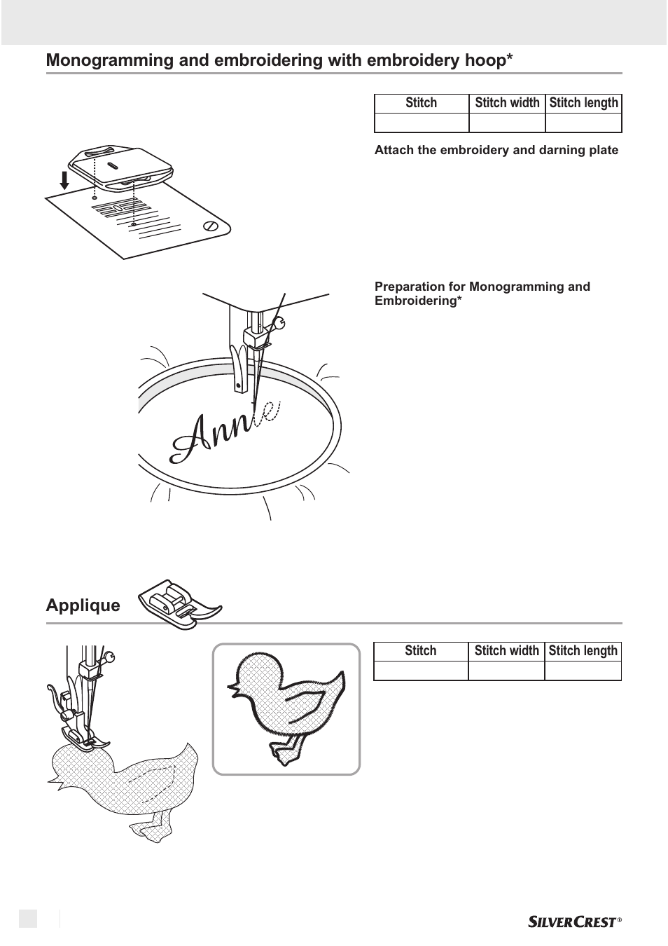 Monogramming and embroidering with embroidery hoop, Applique, Sewing basics | Silvercrest SNM 33 B1 User Manual | Page 88 / 94