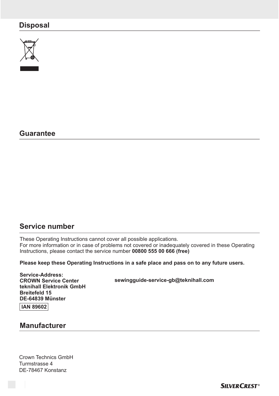 Service number, Guarantee | Silvercrest SNM 33 B1 User Manual | Page 92 / 94