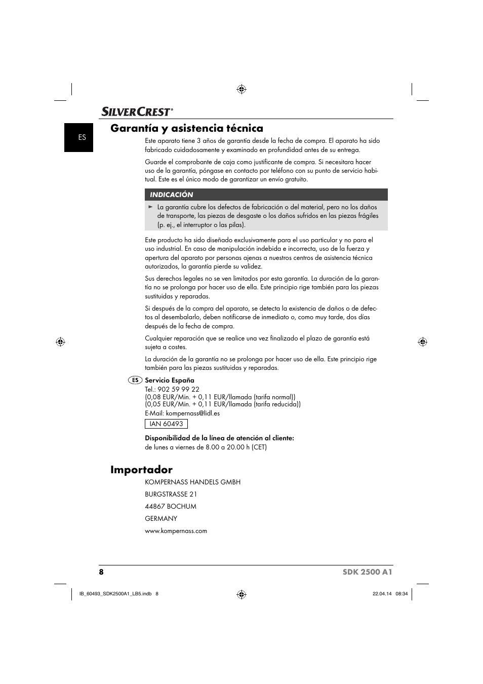 Garantía y asistencia técnica, Importador | Silvercrest SDK 2500 A1 User Manual | Page 11 / 46